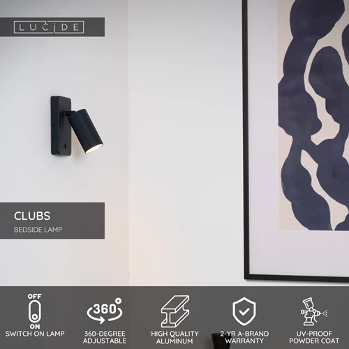 Lucide CLUBS - Bedside lamp / Wall light - 1xGU10 - Black - USP